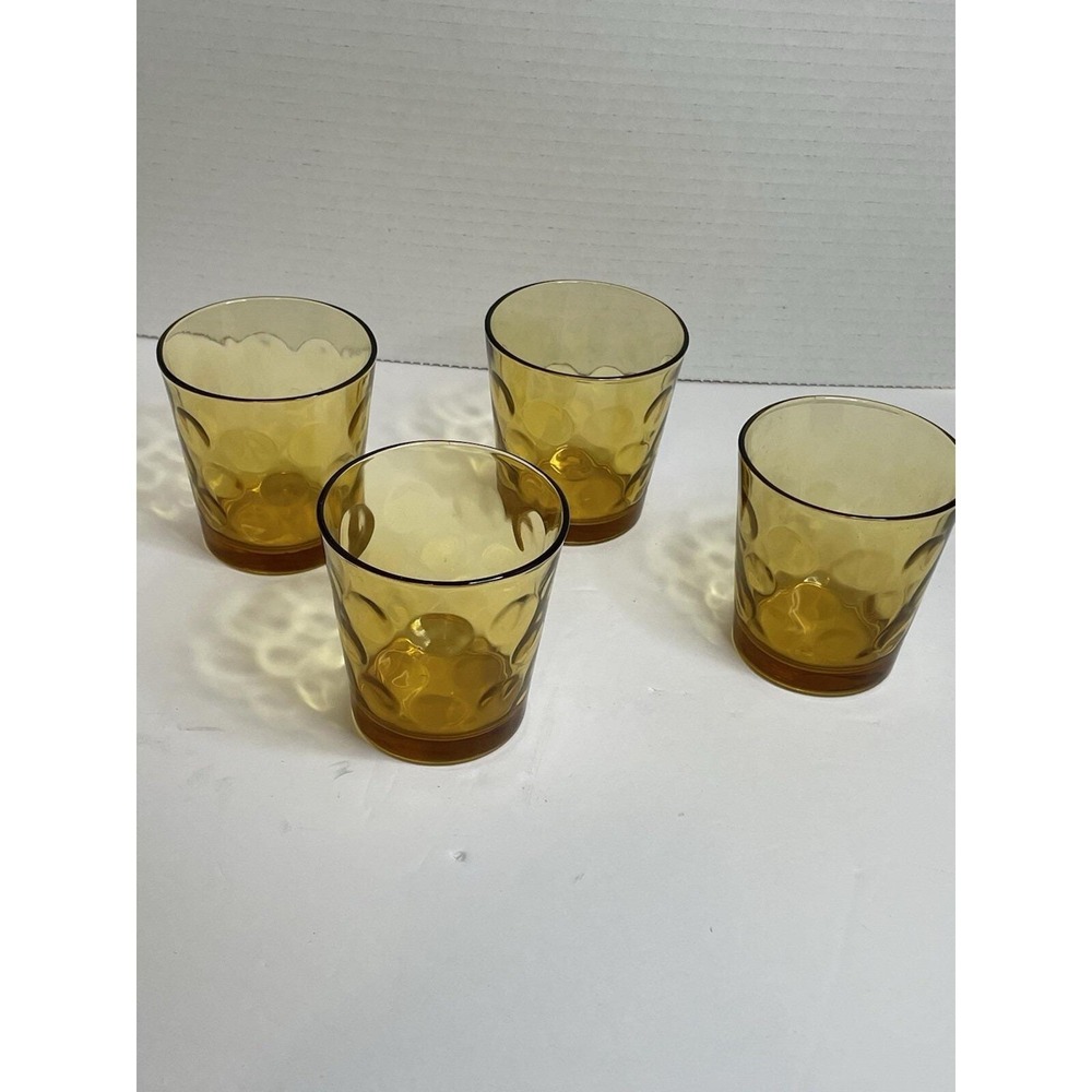 Amber Thumbprint Glass Drinking Tumbler Juice Set Of 4 Vintage 3" tall  3" Wide